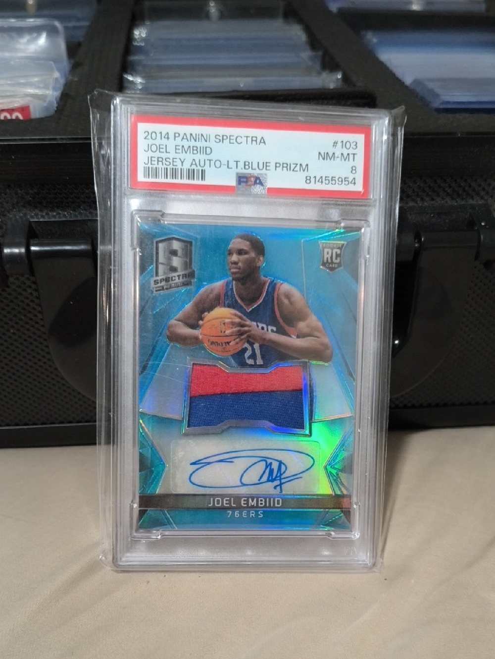 Joel Embiid Light Blue Jersey Auto Rookie Rpa Light Blue prizm PSA 8 Allstar /99